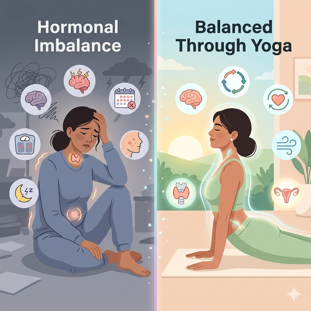 hormonal imbalance in women in a plit-view illustration of a woman showing where on the left (stress, fatigue, irregular cycles) and a calm, healthy version practicing yoga on the right, symbolizing hormonal balance and wellness.