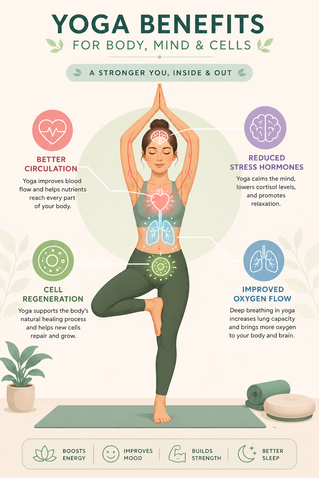 Ageing is Natural, this modern infographic-style illustration of a person in a yoga tree pose, showing internal body highlights like brain, heart, and lungs. Surrounding icons and labels explain benefits such as better circulation, reduced stress hormones, improved oxygen flow, and cell regeneration. Soft pastel colors and a clean, educational design make the content easy to understand.