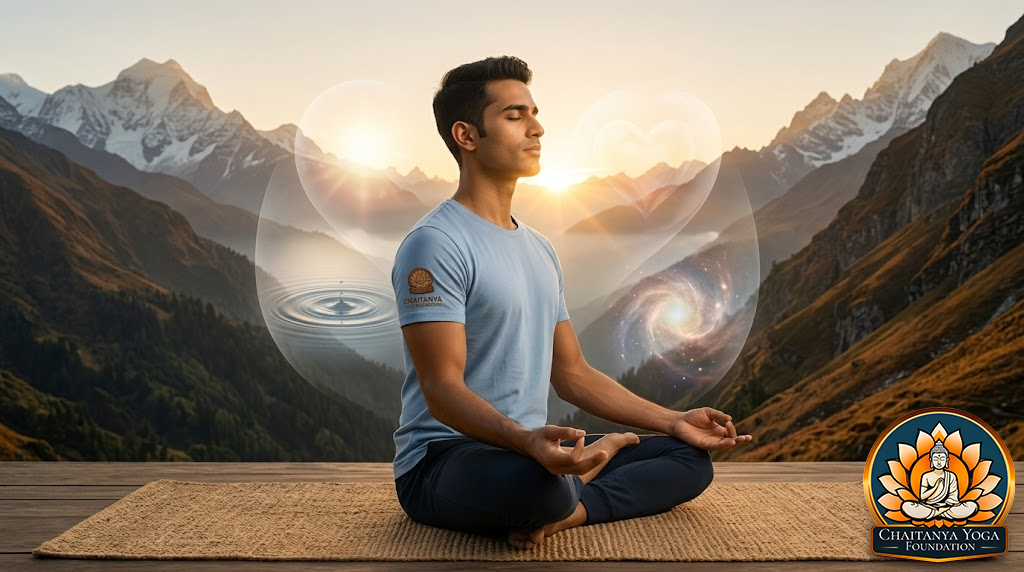A peaceful yoga practitioner sitting in meditation with soft golden light surrounding them, symbolizing emotional awareness, inner balance, and yogic understanding of emotions.
