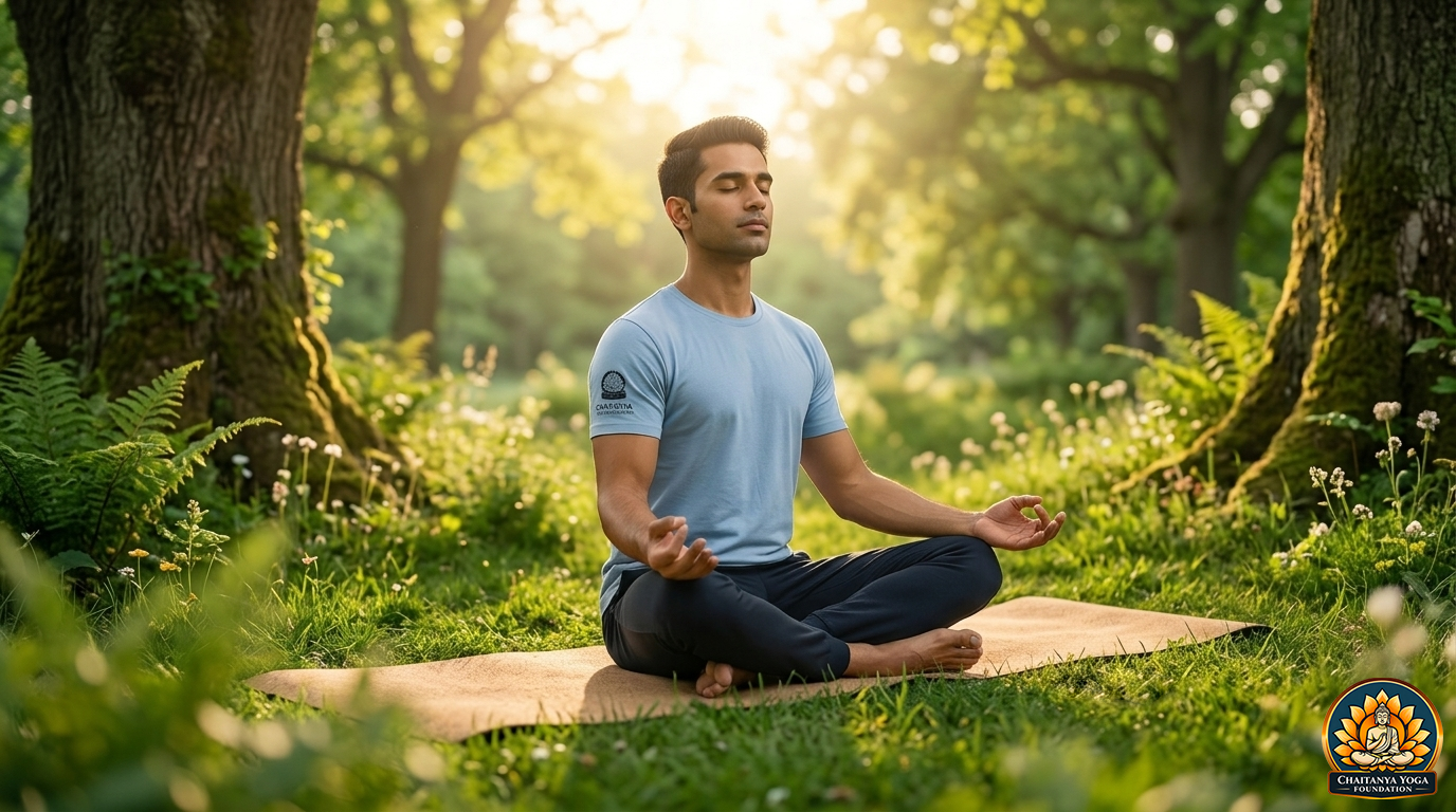 Young person practicing yoga meditation in a peaceful outdoor setting while keeping smartphone aside during a digital detox session.