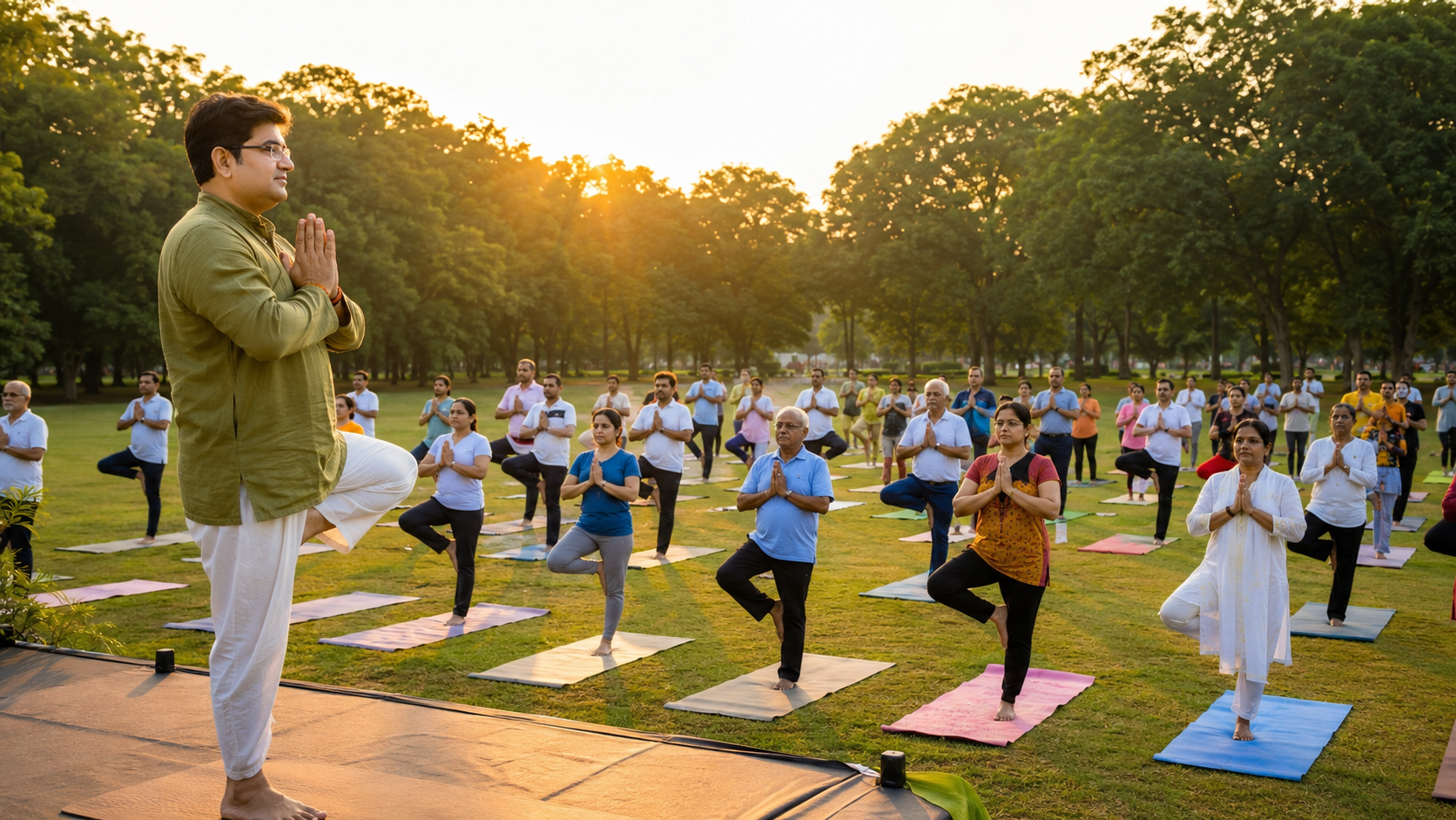Dr. sanhjiv pathak leads the session from the front. Warm golden sunlight, peaceful atmosphere, green surroundings, authentic yoga poses, community wellness event