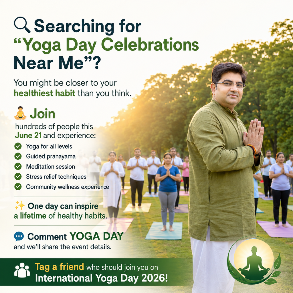 Group of people practicing yoga together outdoors during an International Yoga Day community event led by a yoga instructor at sunrise