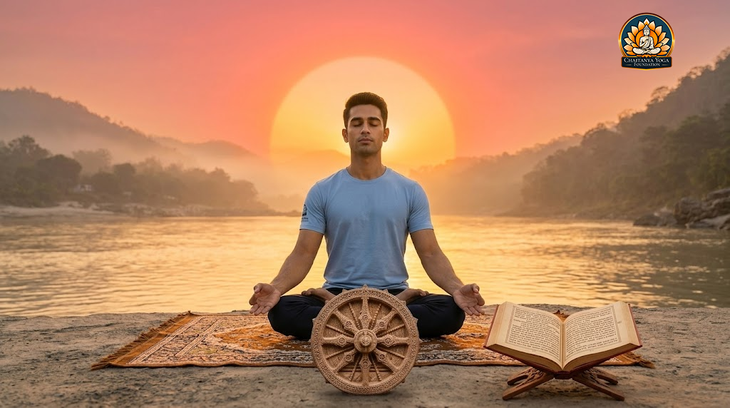 ध्यान मुद्रा में बैठे योग शिक्षक के पीछे उदित होता सूर्य, सामने कर्मयोग का प्रतीक चक्र और भगवद्गीता का ग्रंथ
